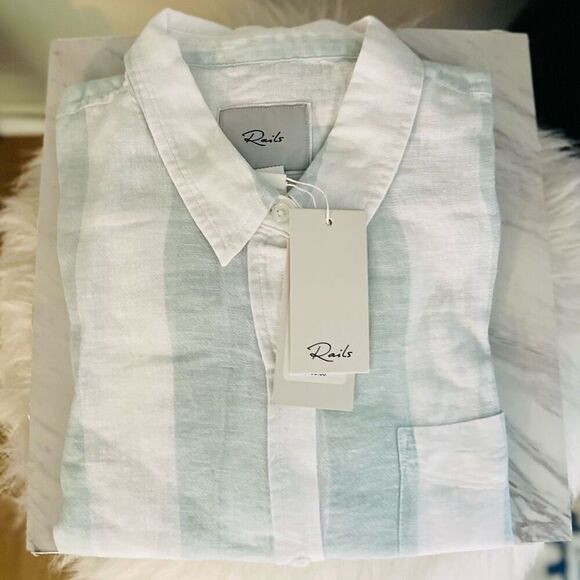 RAILS Women's Charli Awning Stripe Linen Blend Blouse, XL (14),‎ White/Blue, NWT - Picture 7 of 15